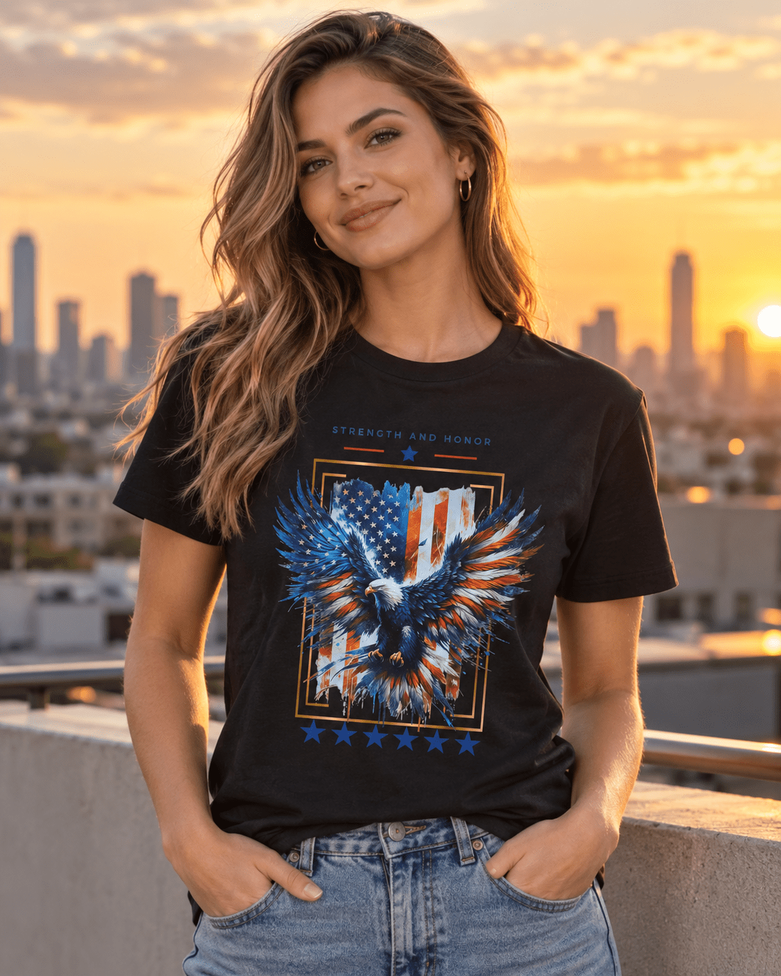 Black crew-neck graphic eagle t-shirt, short sleeves, with star accents