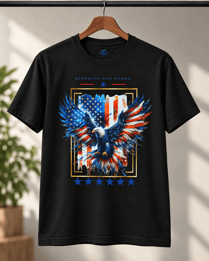 Black T-shirt hanging up front: blue-red eagle graphic with stars and rectangular border.