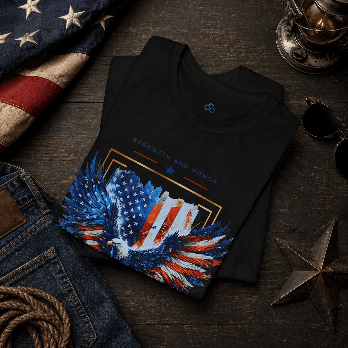Black crew-neck t-shirt with eagle-and-US-flag graphic and star trim