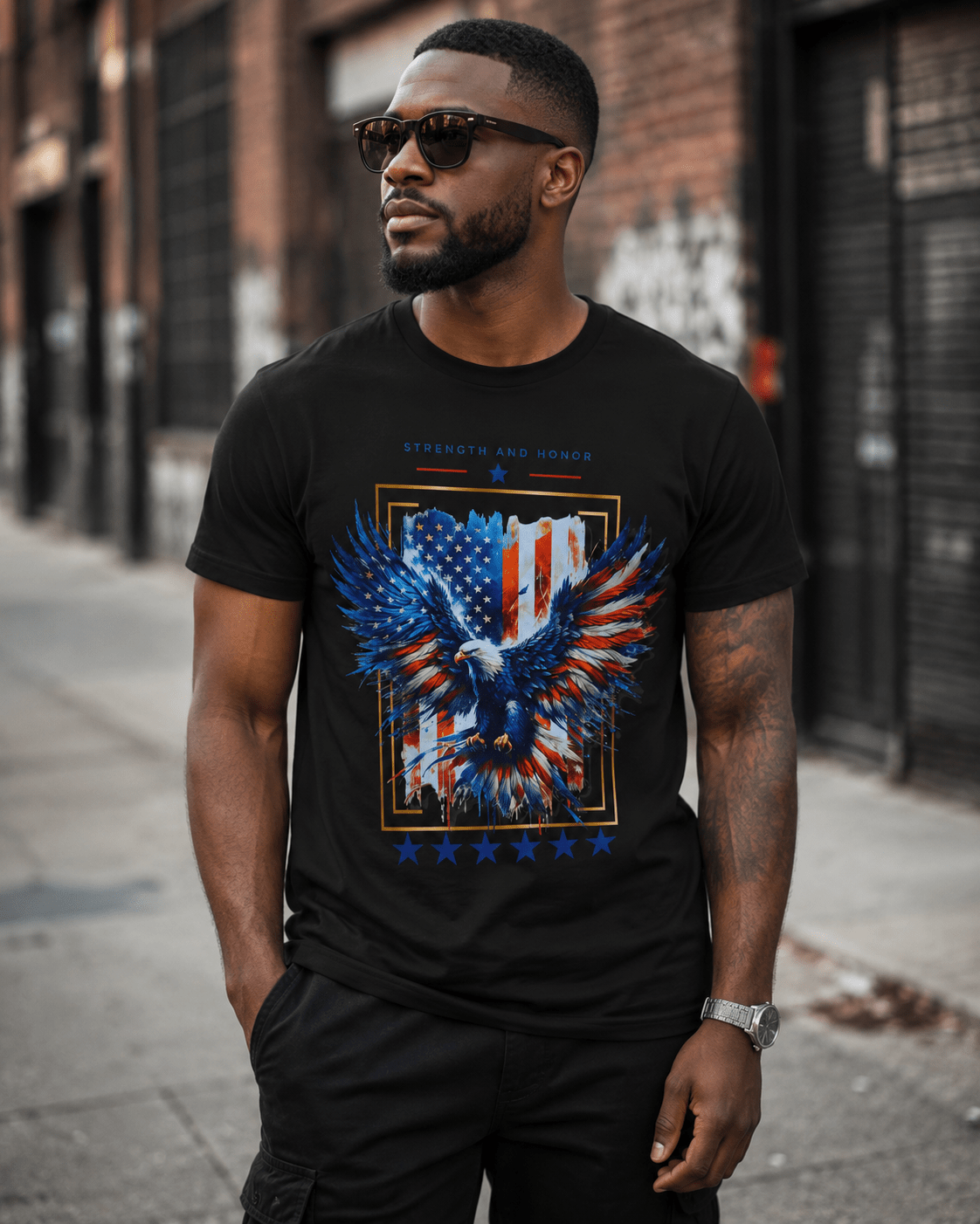 Black T-shirt featuring a blue-red eagle graphic with stars below the print.