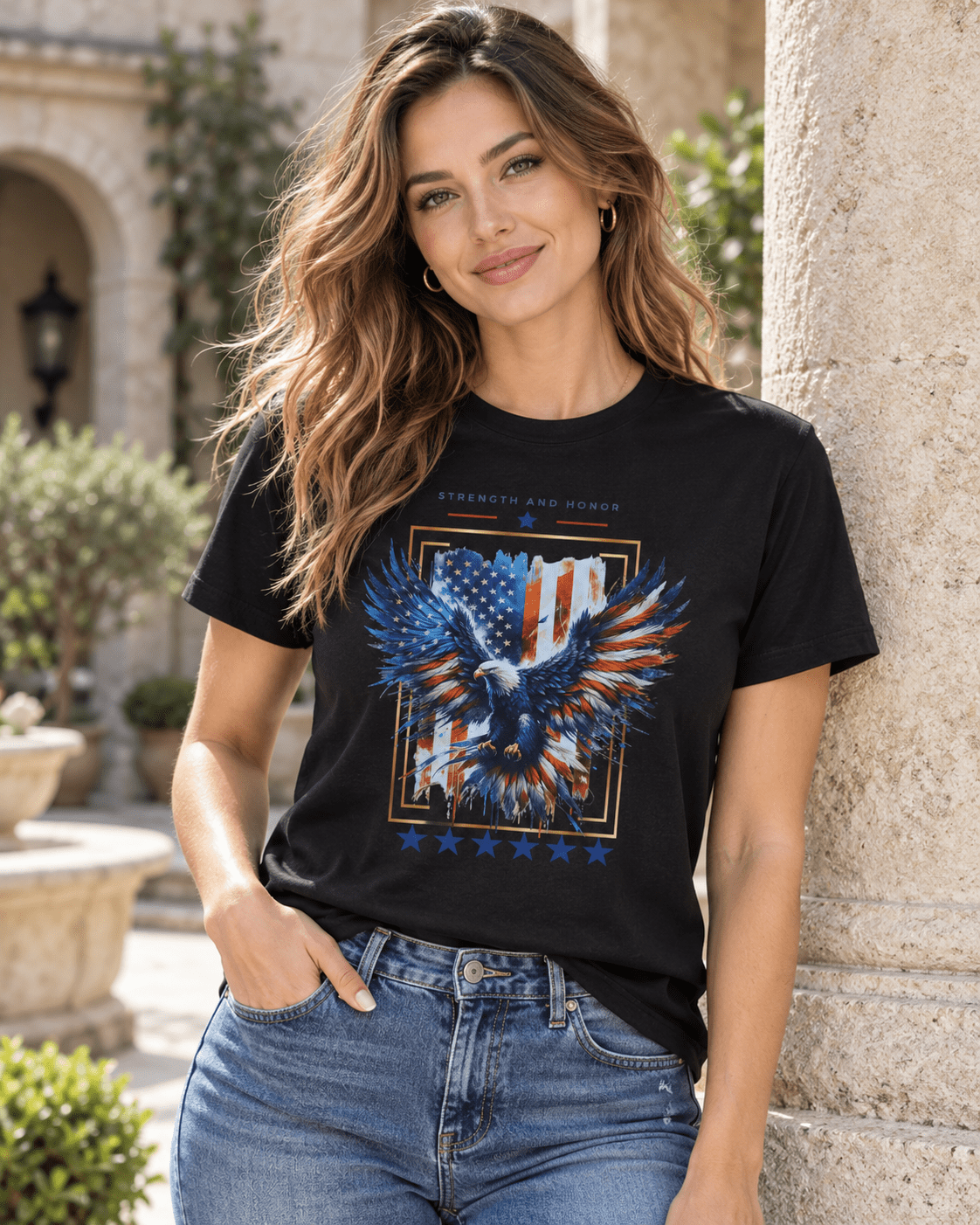 Black crew-neck graphic eagle t-shirt, short sleeves, blue star design