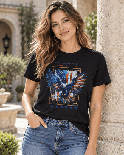 Black crew-neck graphic eagle t-shirt, short sleeves, blue star design