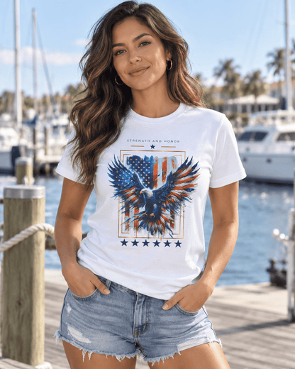 White T-shirt worn by model, featuring a blue-red eagle graphic with stars at the bottom.