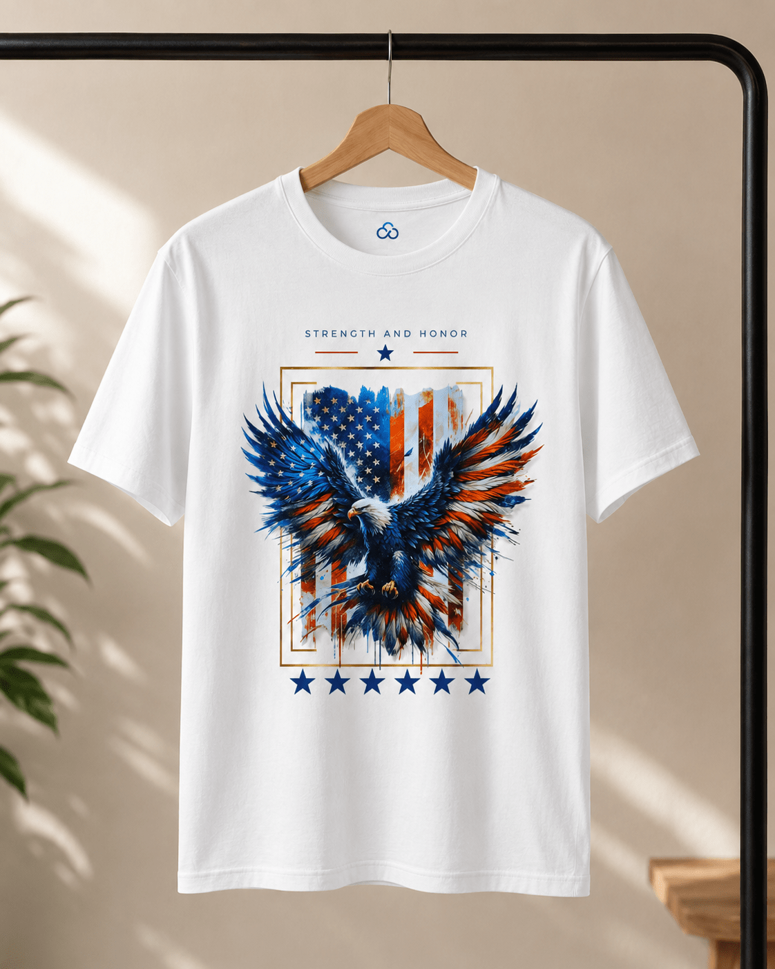 White T-shirt, front view: blue-red eagle graphic inside a rectangular frame with stars.