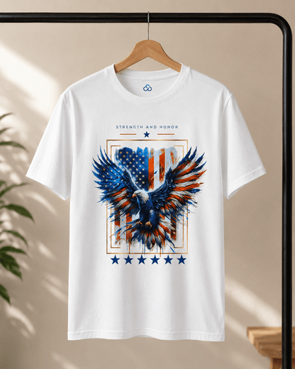 White T-shirt, front view: blue-red eagle graphic inside a rectangular frame with stars.