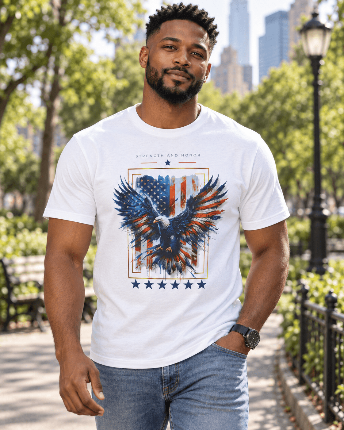 White T-shirt with blue-red eagle graphic and framed flag-style print plus star details.