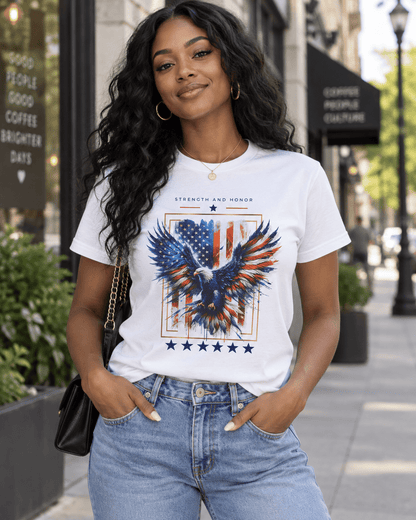 White T-shirt on model showing blue-red eagle artwork and star row at the bottom.