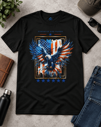 Black crew-neck t-shirt with colorful eagle graphic framed in gold