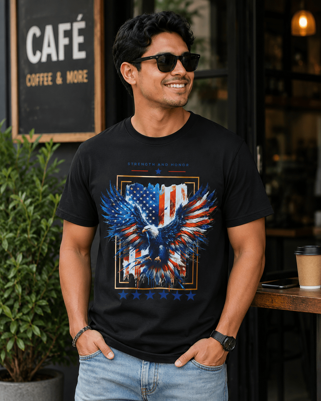 Black T-shirt on model with blue-red eagle graphic, framed flag design, and stars row.
