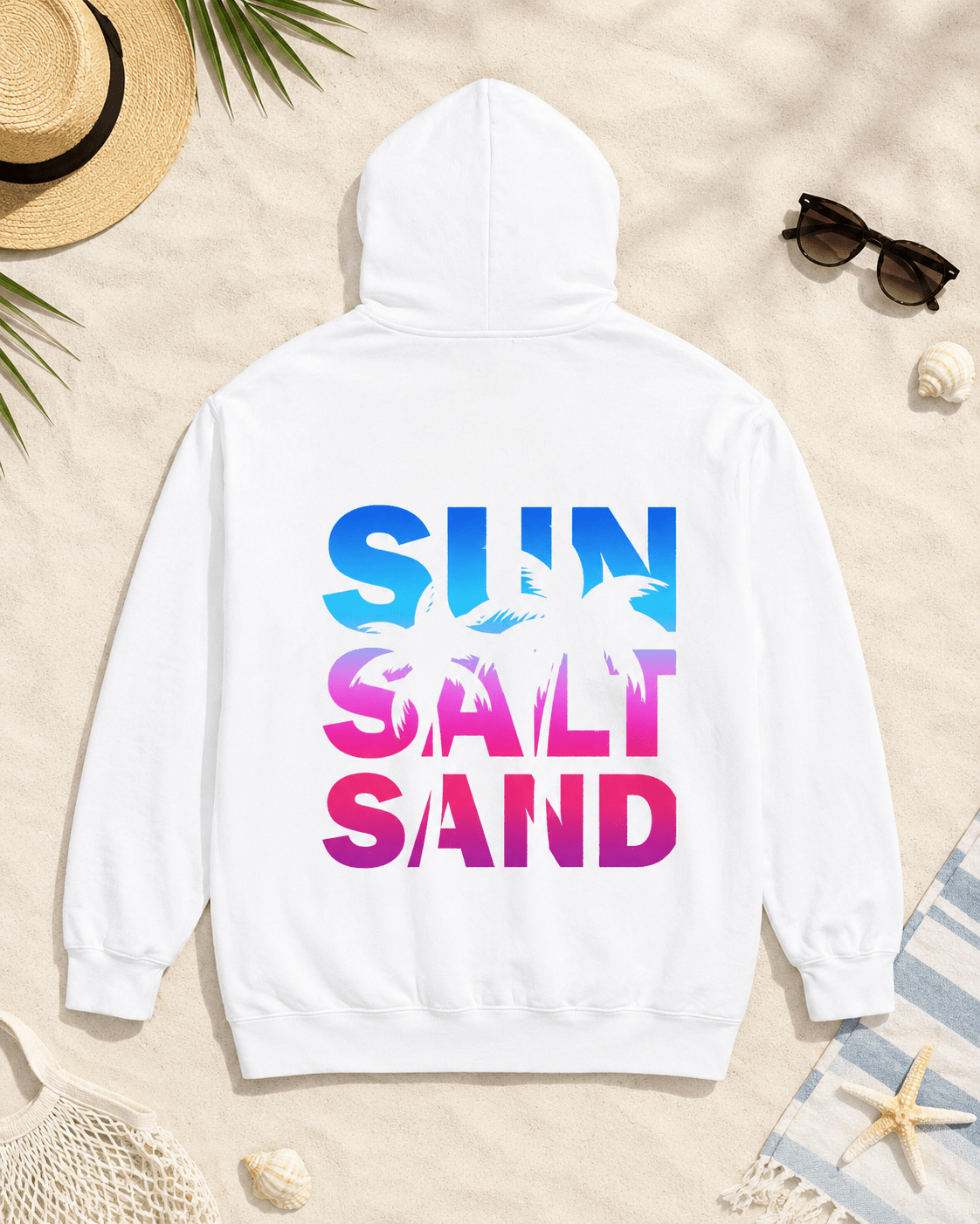 White hoodie with colorful 'SUN SALT SAND' text graphic on back