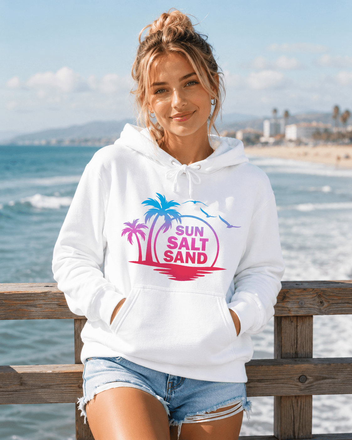 White hoodie with palm tree and 'SUN SALT SAND' logo on chest