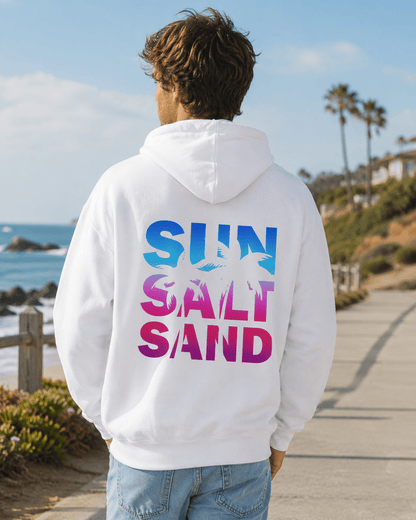 White hoodie with colorful 'SUN SALT SAND' graphic on back, worn