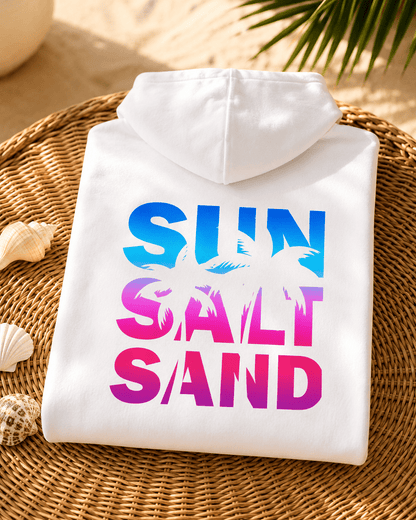 Folded white hoodie with colorful 'SUN SALT SAND' graphic on back
