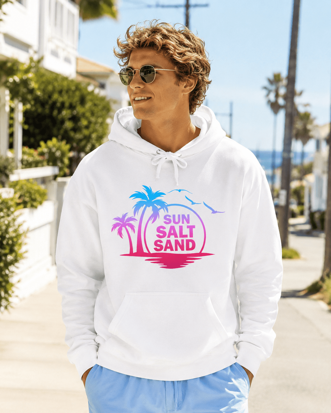 White hoodie with palm and 'SUN SALT SAND' chest logo, drawstring hood