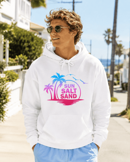 White hoodie with palm and 'SUN SALT SAND' chest logo, drawstring hood