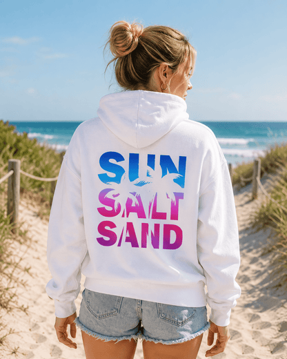 White hoodie with 'SUN SALT SAND' back graphic, worn outdoors
