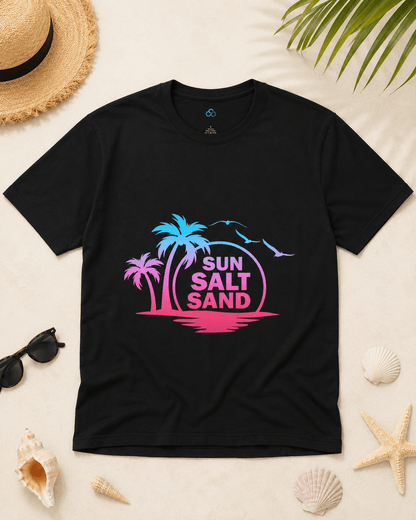 Black crew-neck T-shirt with colorful palm and wave "Sun Salt Sand" graphic
