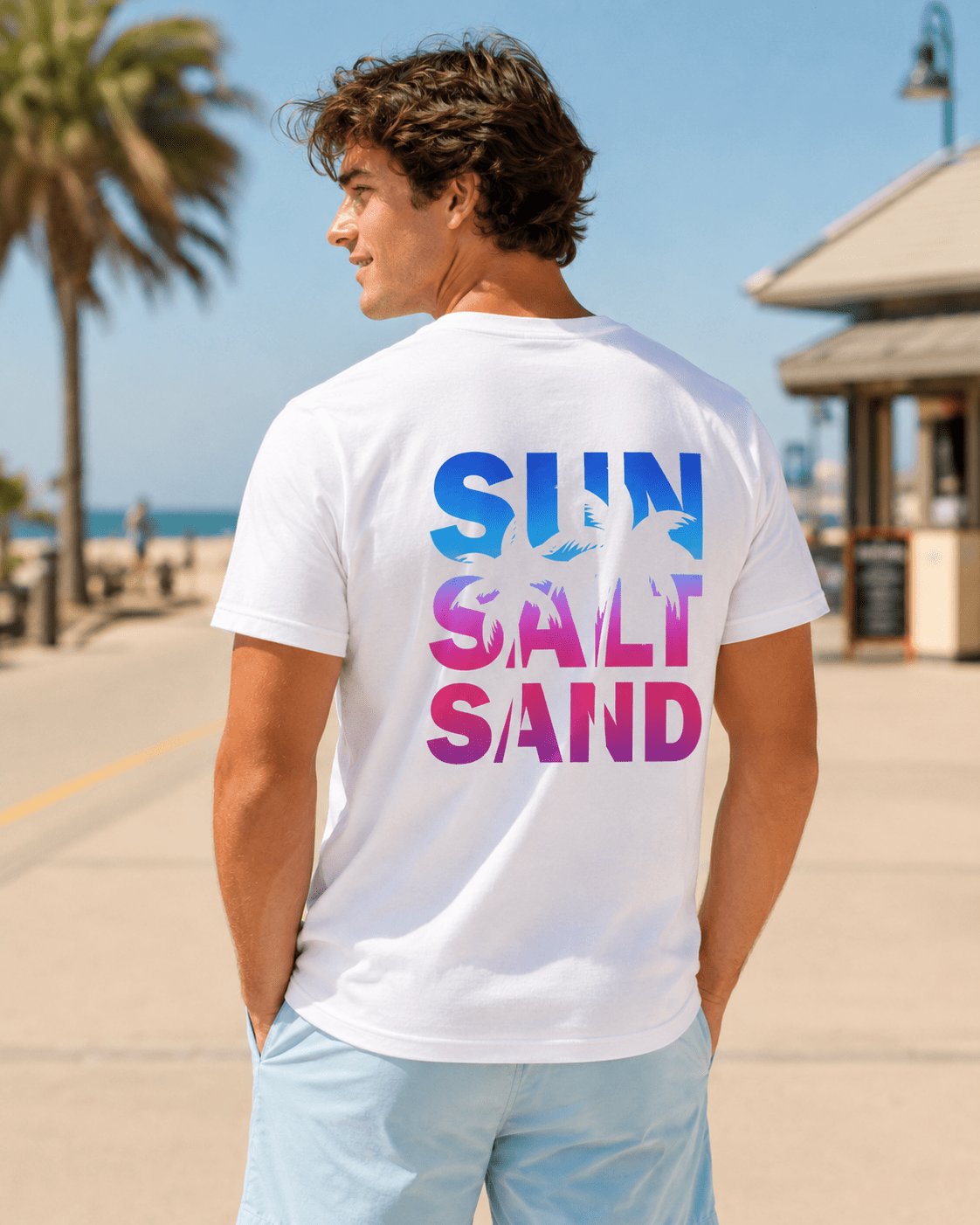 White Sun Salt Sand T-shirt with back graphic showing multicolor palms and text