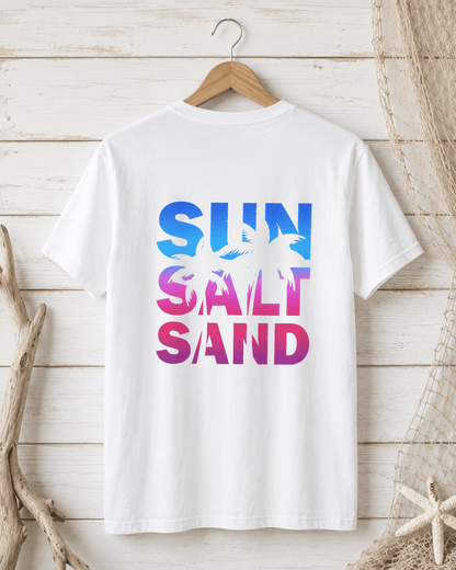 White Sun Salt Sand T-shirt with large back graphic featuring palms and sunset text