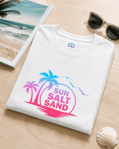 White folded Sun Salt Sand T-shirt with colorful palm island and wave graphic