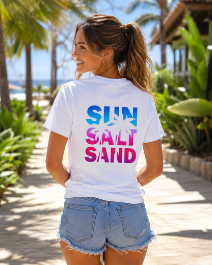 White Sun Salt Sand T-shirt from behind with large palms and multicolor lettering