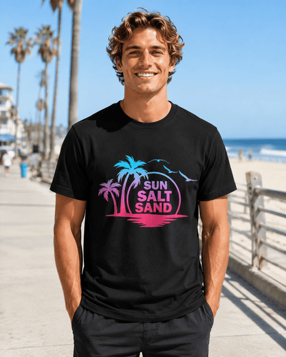 Black crew-neck Sun Salt Sand T-shirt with colorful palm island graphic on front