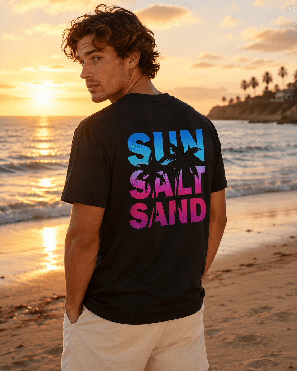 Black Sun Salt Sand T-shirt with colorful palm island graphic on the back