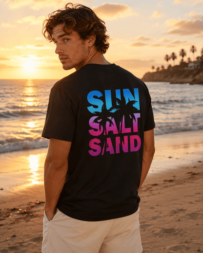 Black Sun Salt Sand T-shirt with colorful palm island graphic on the back