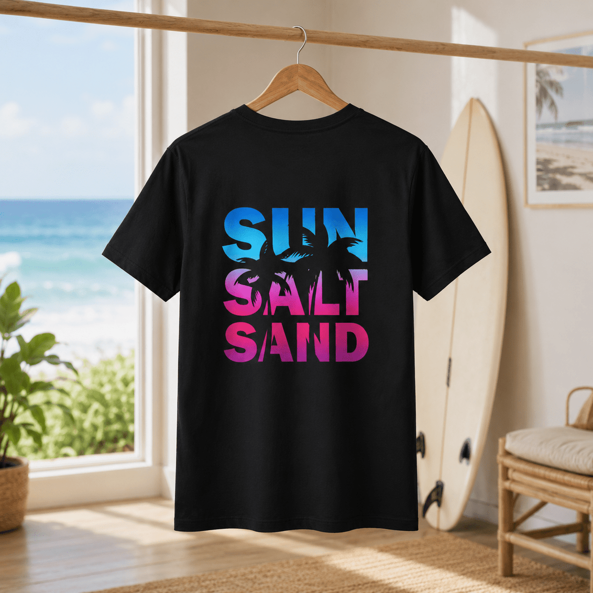 Black Sun Salt Sand T-shirt with bold colorful palm and beach graphic on back