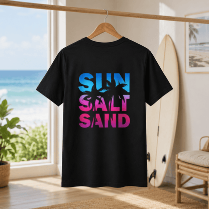 Black Sun Salt Sand T-shirt with bold colorful palm and beach graphic on back