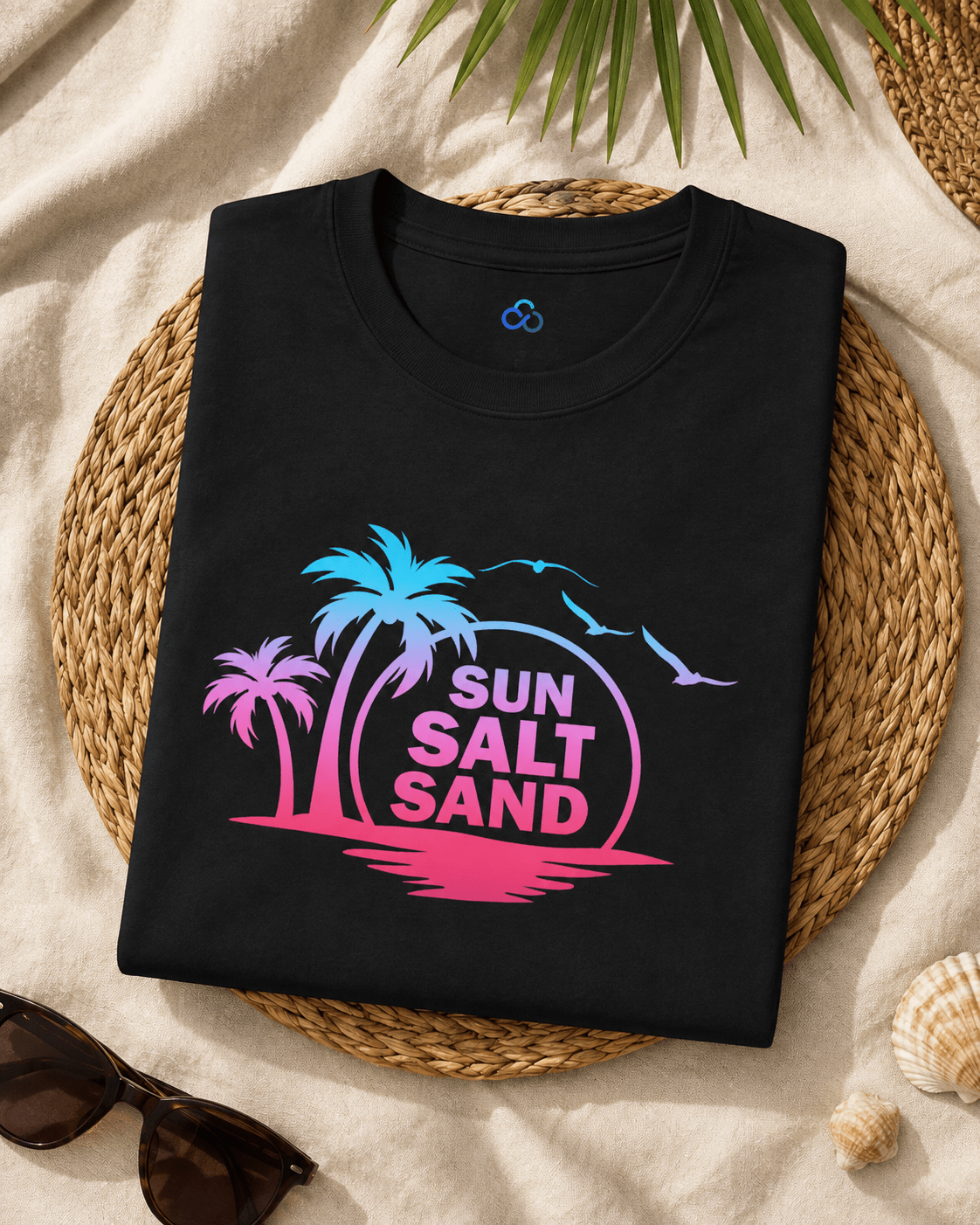 Black crew-neck T-shirt with front palm, wave, and "Sun Salt Sand" graphic
