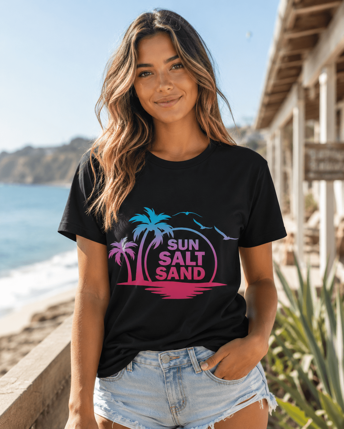 Black crew-neck T-shirt worn by model with palm and "Sun Salt Sand" logo
