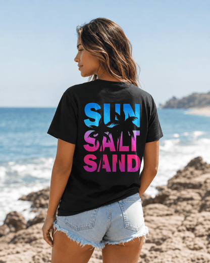 Black crew-neck T-shirt with back graphic reading "SUN SALT SAND" and palms