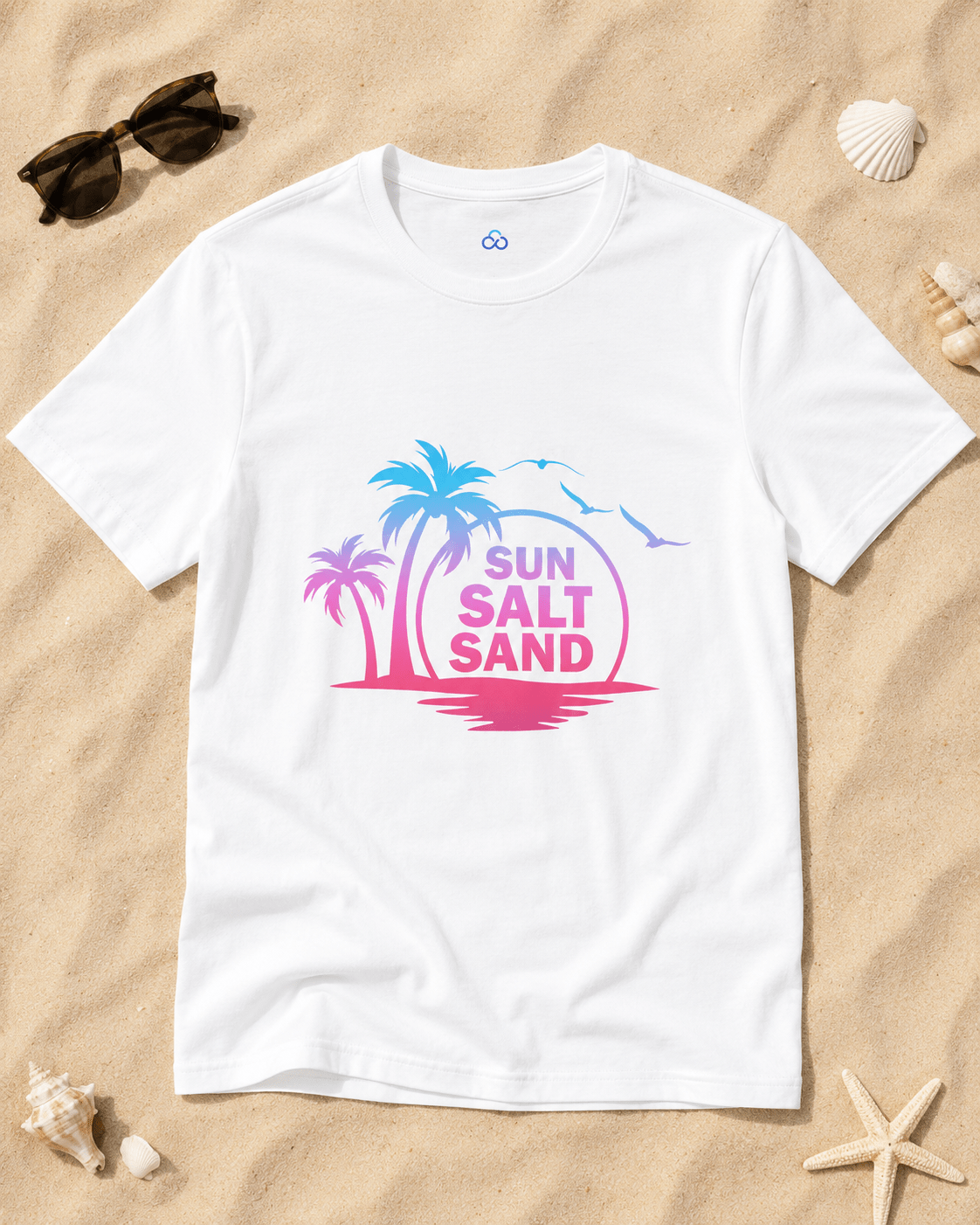 White Sun Salt Sand T-shirt with colorful palm island graphic in the center