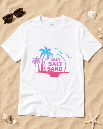 White Sun Salt Sand T-shirt with colorful palm island graphic in the center
