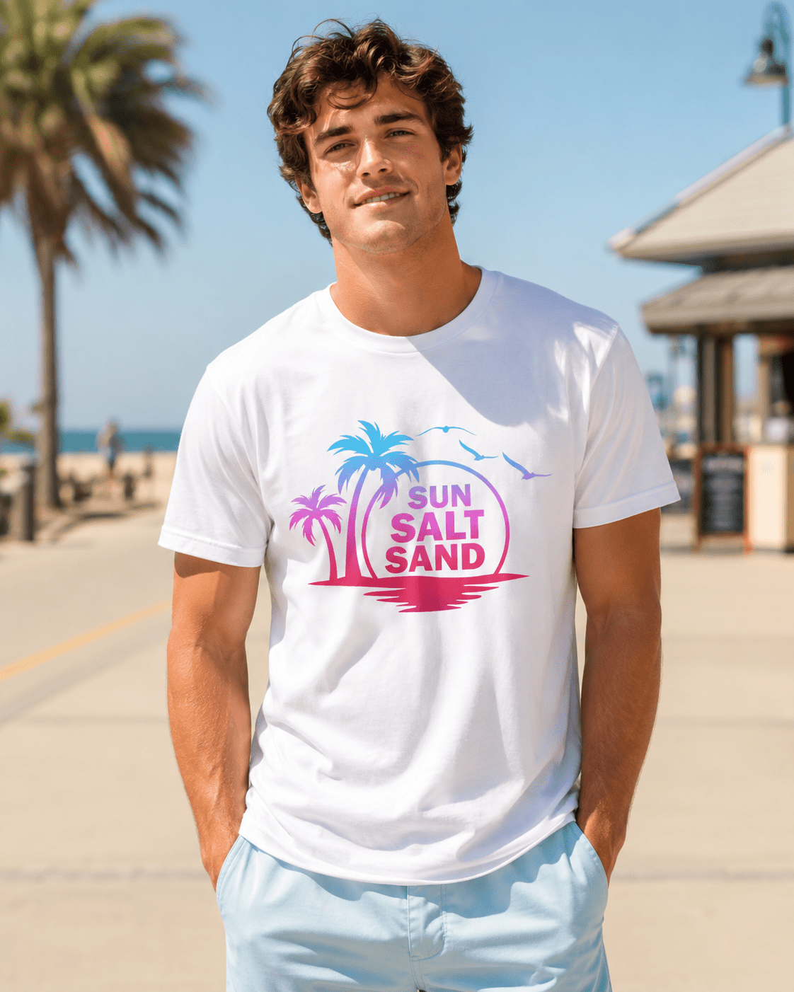 White crew-neck Sun Salt Sand T-shirt with colorful palm island logo on chest