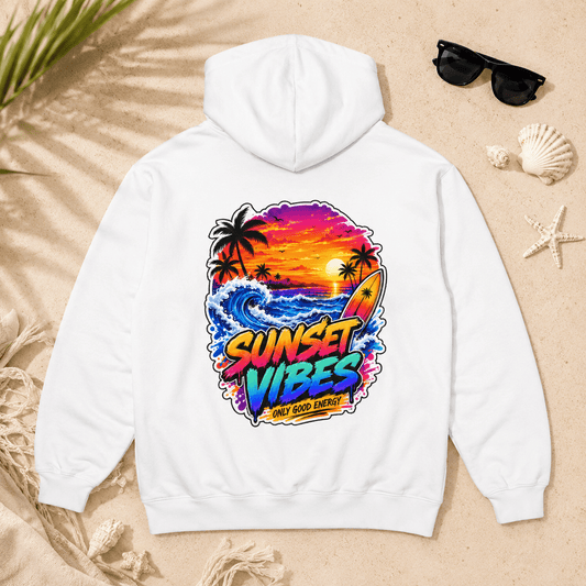 White pullover hoodie with colorful beach sunset graphic on back