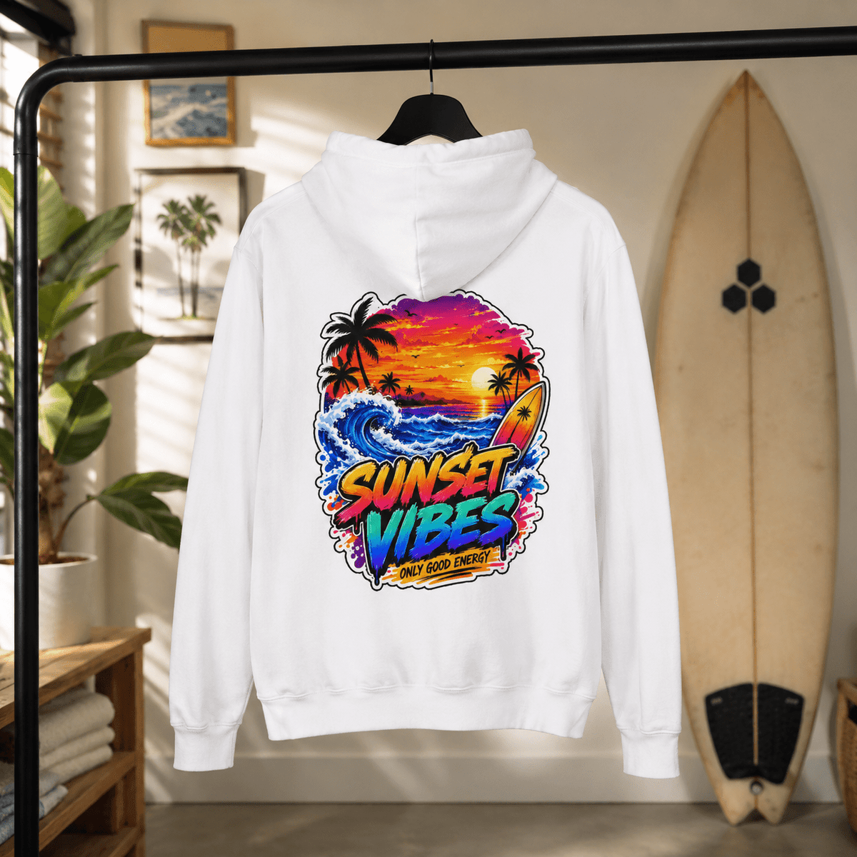 Hanging white hoodie with colorful beach sunset graphic on back