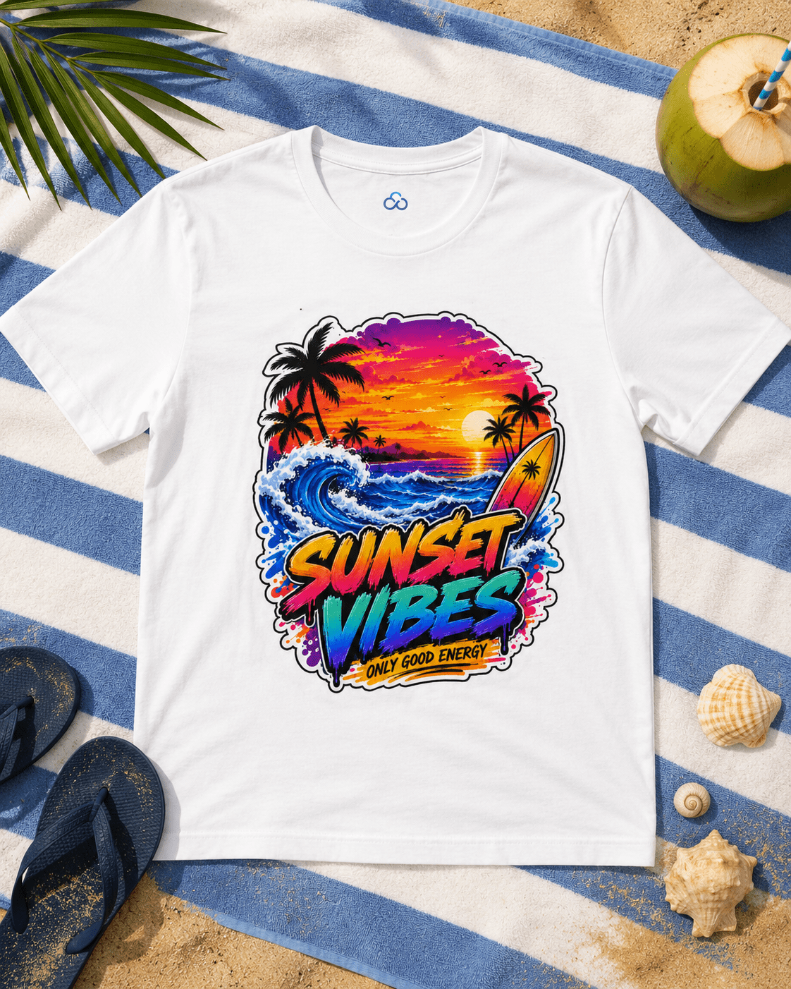 White T-shirt with colorful sunset palm 'Sunset Vibes' front graphic