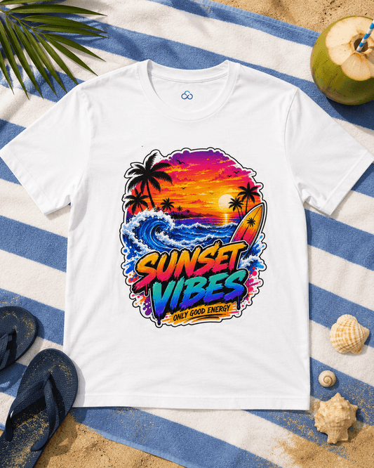 White T-shirt with colorful sunset palm 'Sunset Vibes' front graphic