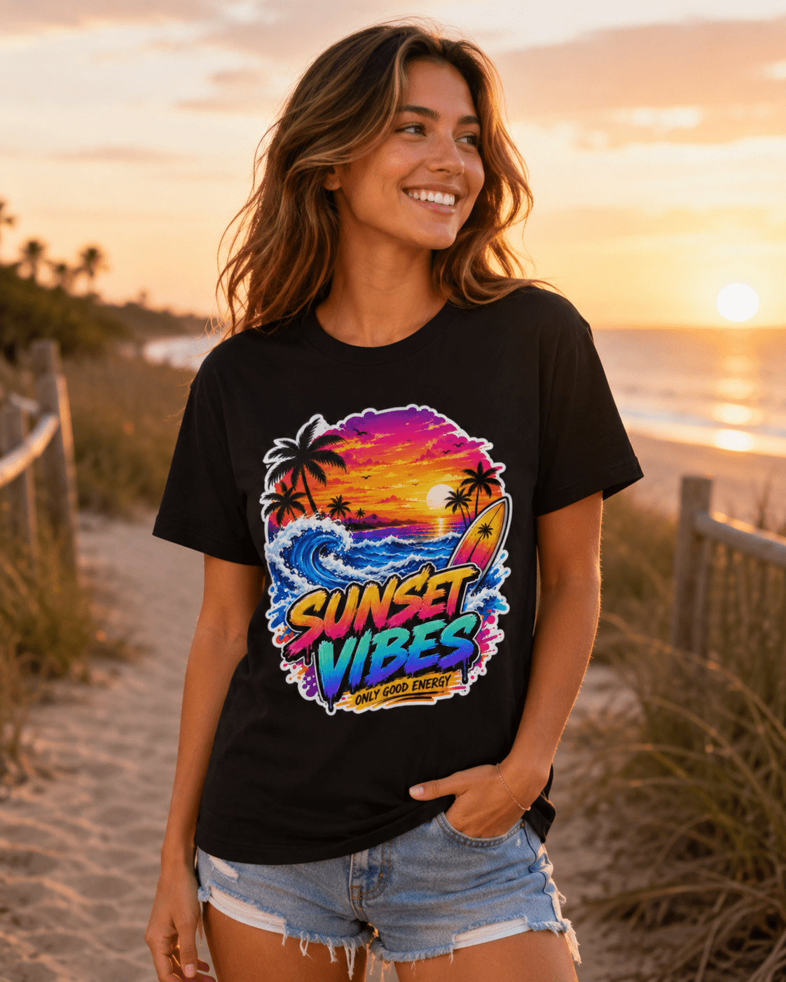 Black T-shirt on model with colorful 'Sunset Vibes' sunset palm graphic