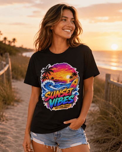 Black T-shirt on model with colorful 'Sunset Vibes' sunset palm graphic