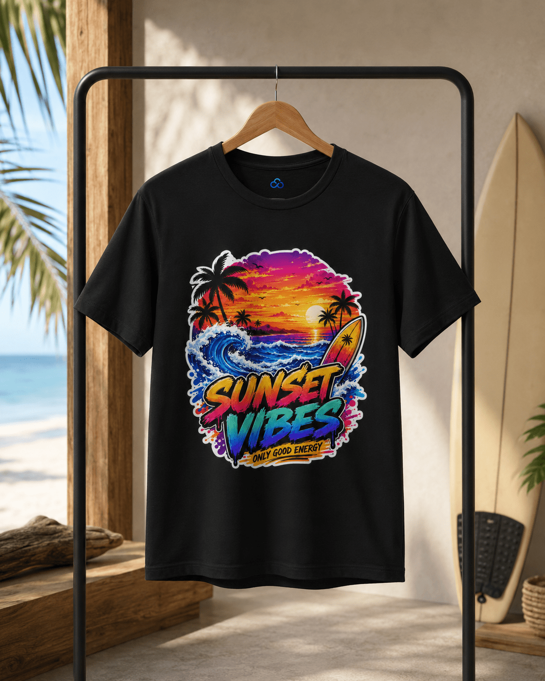 Black T-shirt with colorful sunset palm 'Sunset Vibes' front graphic