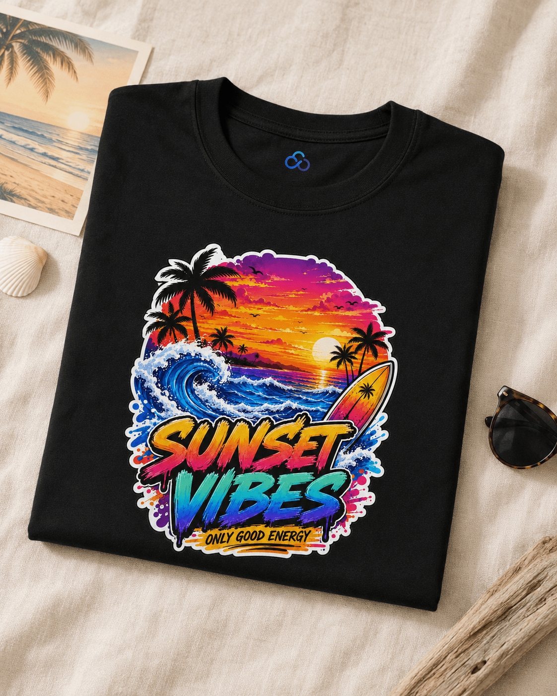 Black crewneck T-shirt laid on fabric with 'SUNSET VIBES' colorful beach artwork