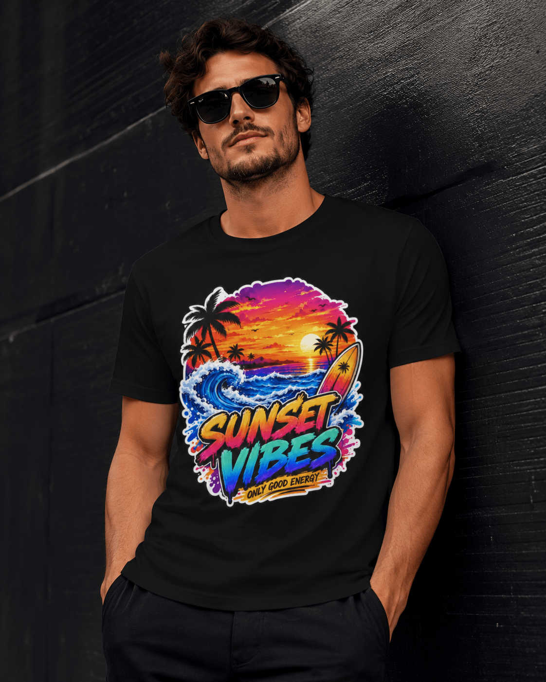 Black crewneck T-shirt with colorful sunset, waves, and palm graphic on front