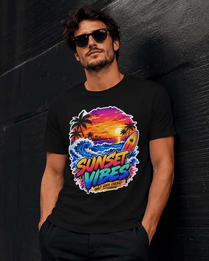 Black crewneck T-shirt with colorful sunset, waves, and palm graphic on front