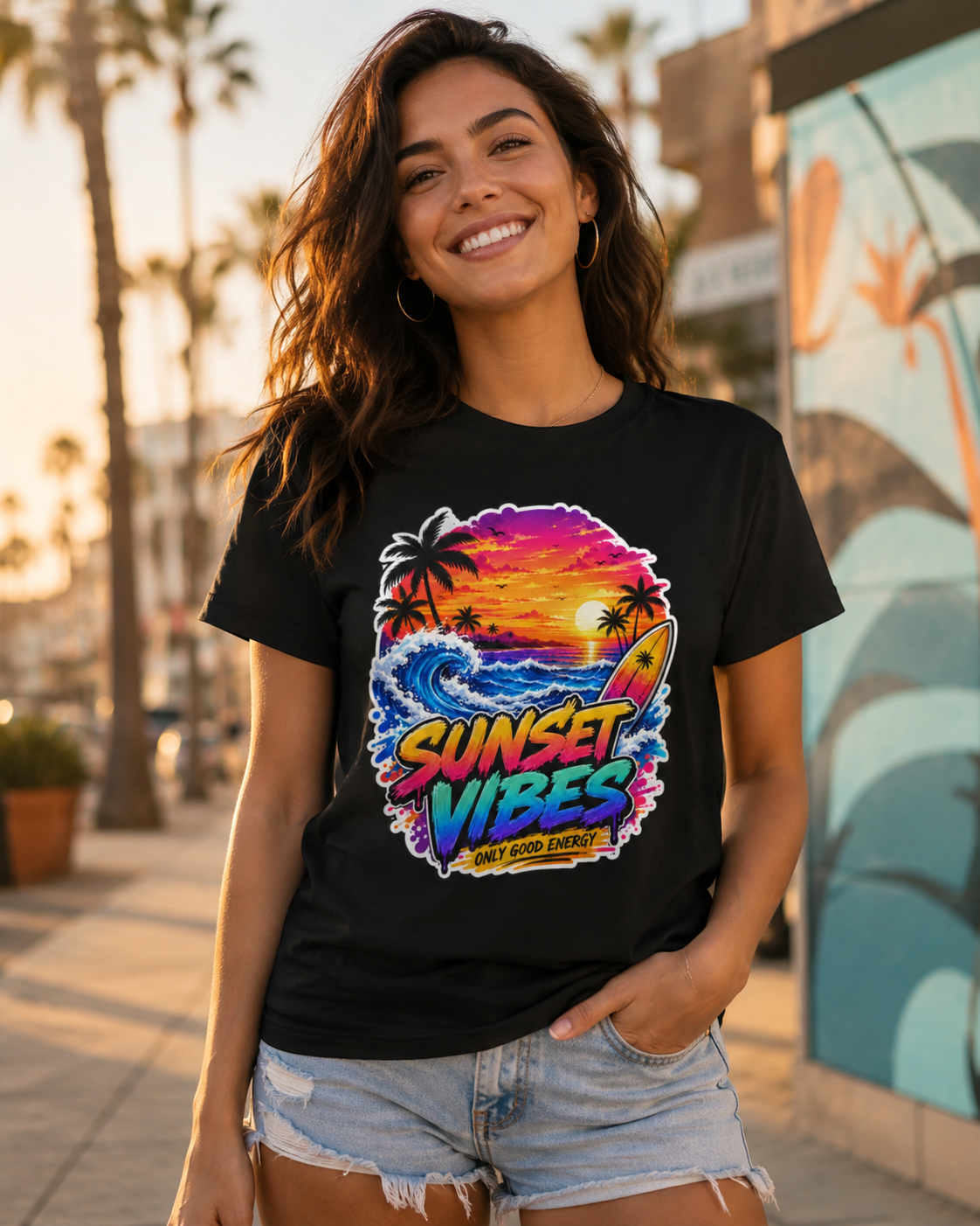 Black T-shirt on model with colorful 'Sunset Vibes' sunset palm graphic