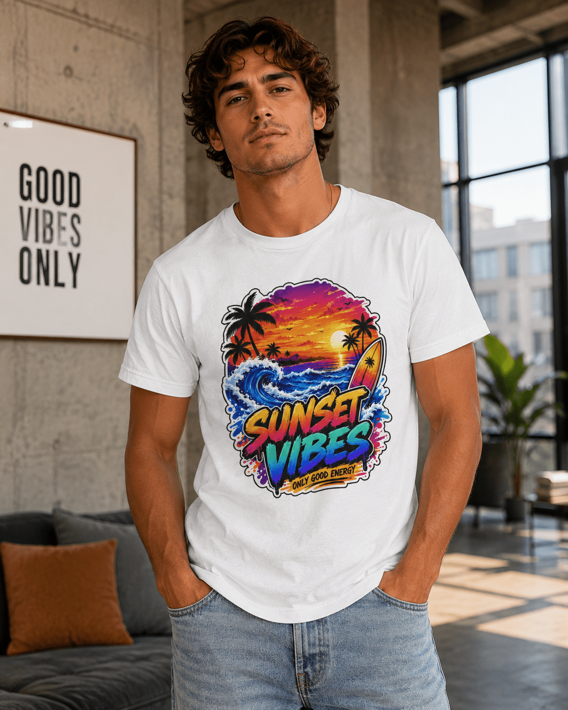 White T-shirt on model, featuring colorful 'Sunset Vibes' sunset palm graphic