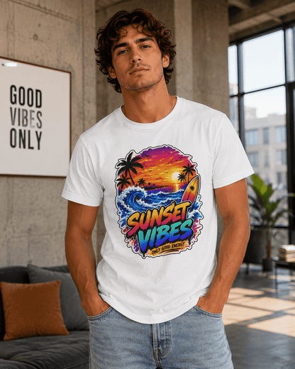 White T-shirt on model, featuring colorful 'Sunset Vibes' sunset palm graphic