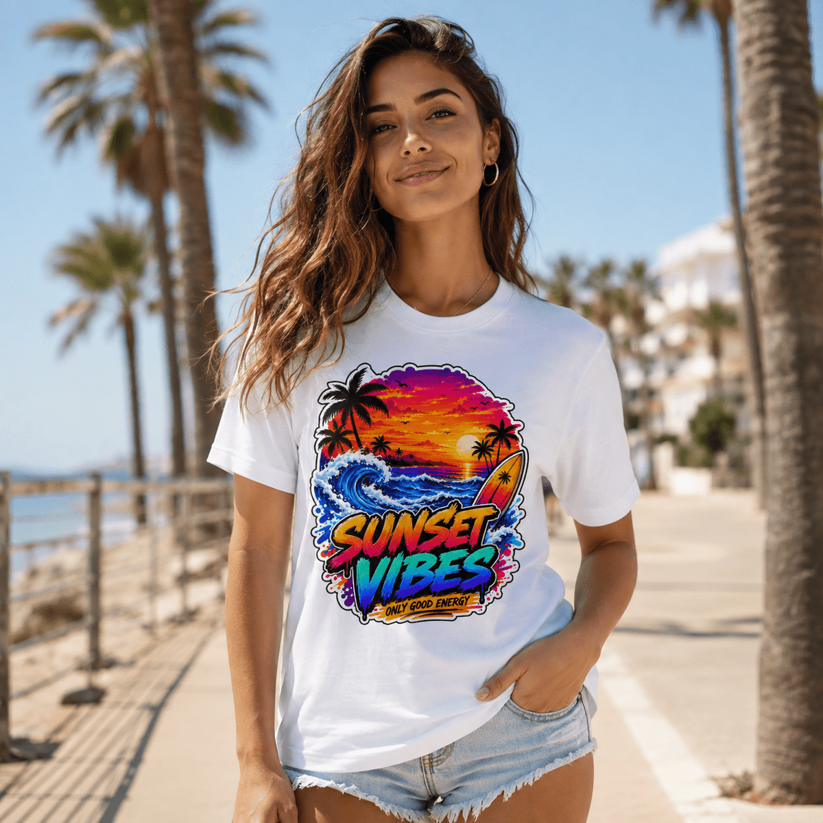 White T-shirt on model with colorful 'Sunset Vibes' sunset palm graphic